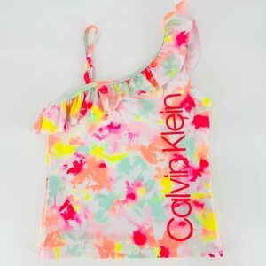 Calvin Klein One Shoulder Ruffle Neon Tie Dye Tankini